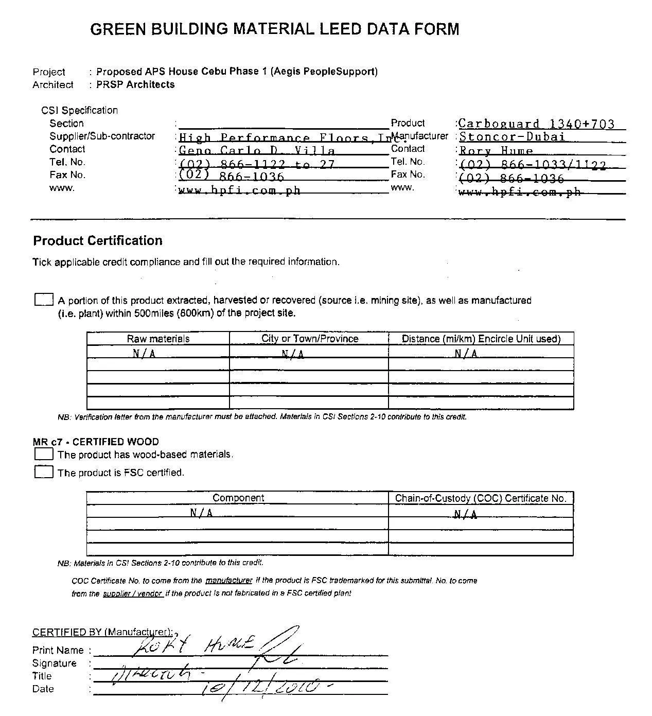 Green Building Material LEED Data Form